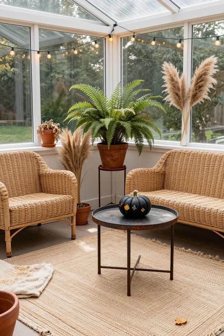 Glass-walled sunroom with beige wicker armchairs and sofa arranged around a low black metal tray table holding a small black pumpkin decorated with yellow dots, flanked by tall pampas grass and potted ferns, string lights overhead, seagrass rug on floor, and garden visible outside.
