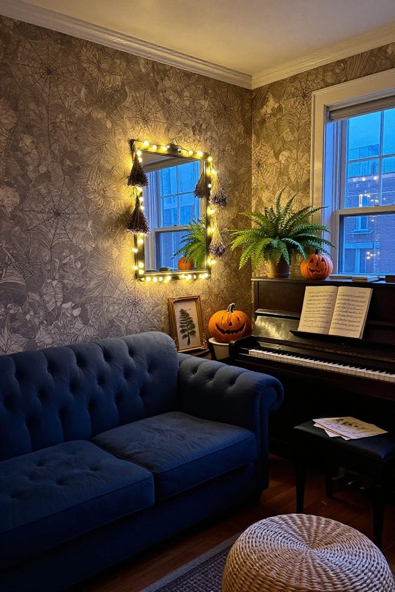Living room with brown spiderweb and botanical patterned wallpaper, blue velvet tufted sofa, black piano with open sheet music and pumpkin, potted fern and pumpkins near window, and mirror framed in string lights with tassels.