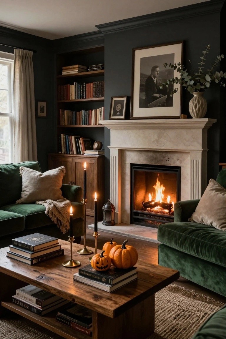 A living room with dark green velvet sofas facing a lit marble fireplace, wooden coffee table with stacked books, carved pumpkins, and candlesticks, dark walls with built-in bookshelves, and beige curtains on windows.