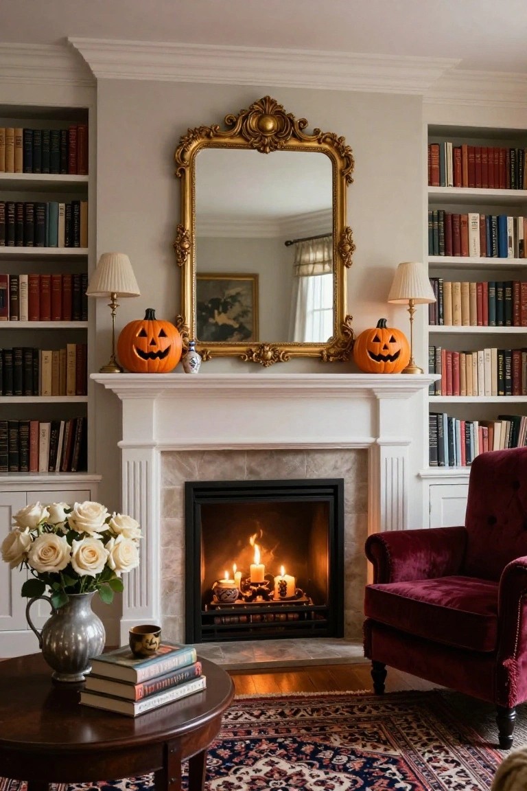A cozy living room with gray walls, built-in bookshelves filled with books, a white fireplace mantel topped by two jack-o-lantern pumpkins flanking a large ornate gold mirror, a burning fire, white roses in a silver pitcher on a wood coffee table, and a red velvet armchair on a patterned rug.