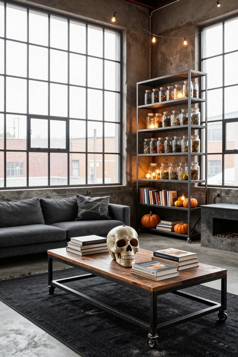 Industrial living room with concrete walls and floors, large metal-framed windows, gray sofa, wooden coffee table holding books and a white skull, and tall metal shelving unit filled with glowing glass jars, dried plants, pumpkins, and books.