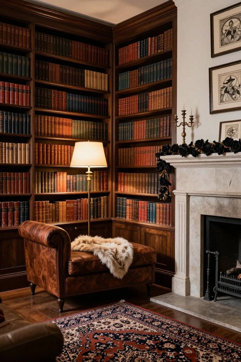 Wood-paneled library corner with floor-to-ceiling bookshelves, brown leather armchair draped with fur throw, brass floor lamp with white shade, marble fireplace topped with black rose garland and candelabra, and Persian-style rug on hardwood floor.