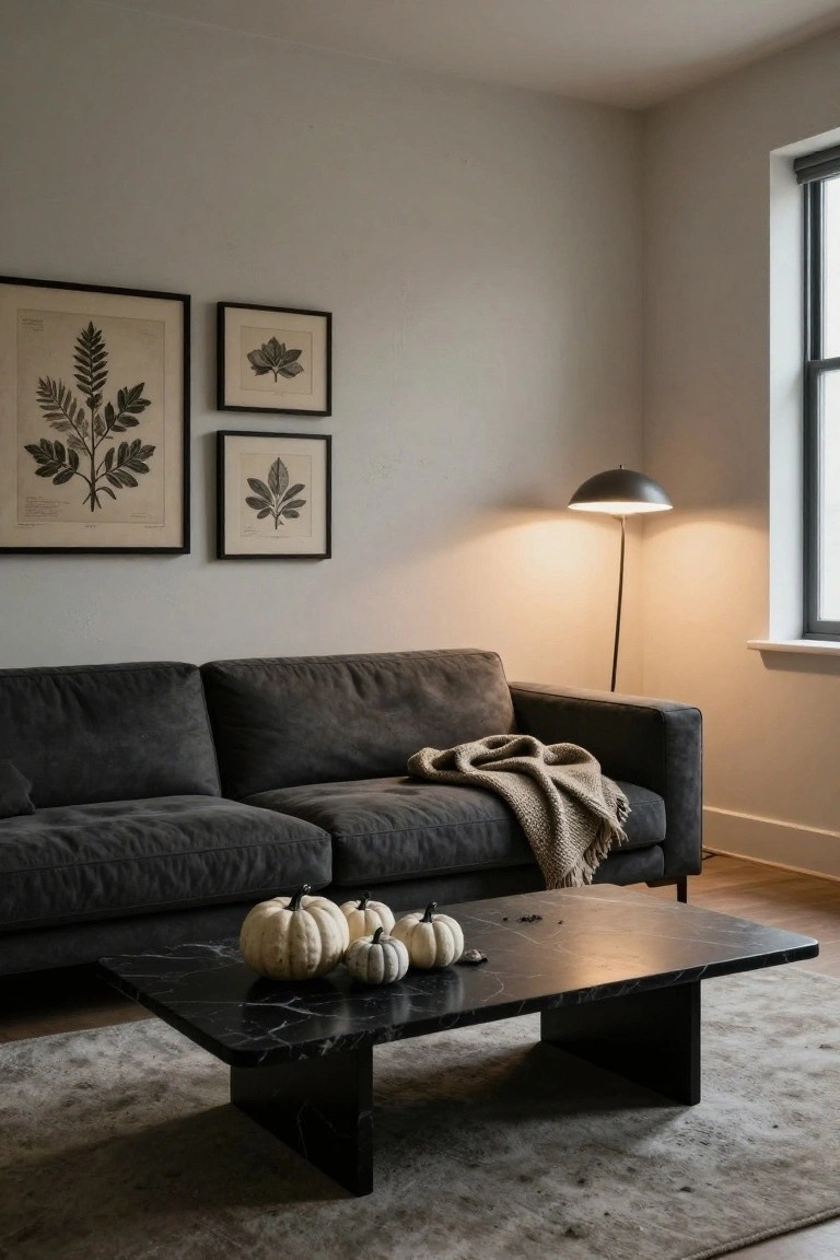 A living room corner with light gray walls, three framed botanical prints, a dark gray sofa draped with a beige throw, a black marble coffee table holding several white pumpkins, a curved floor lamp, and a window with dark trim.
