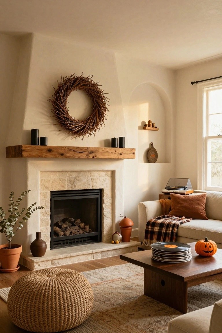 A cozy living room with beige stucco walls, a stone fireplace under a reclaimed wood mantel holding black candles and topped by a wheat wreath, a neutral sofa with pillows and blanket, wood coffee table with stacked white plates and orange pumpkin, woven pouf on a patterned rug.