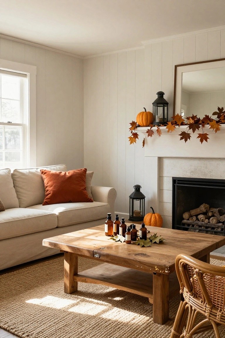 Cozy living room with white shiplap walls, beige sofa with orange pillows, wooden coffee table holding small pumpkins essential oil bottles and leaves, fireplace mantel with garland of fall leaves pumpkins and black lanterns, seagrass rug and rattan chair.