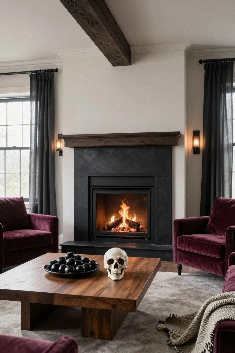 Living room featuring a black stone fireplace with burning logs, flanked by purple velvet armchairs, a wooden coffee table with a bowl of black grapes and a white human skull, dark sheer curtains on large windows, wall sconces, and a gray area rug.