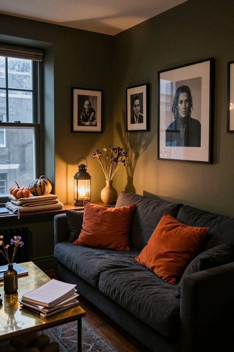 Dark green living room corner with gray sofa topped by orange pillows, brass coffee table holding notebooks, windowsill displaying stacked small pumpkins and a lit lantern next to folded beige blankets, black and white photos on walls, iris flowers in vase.