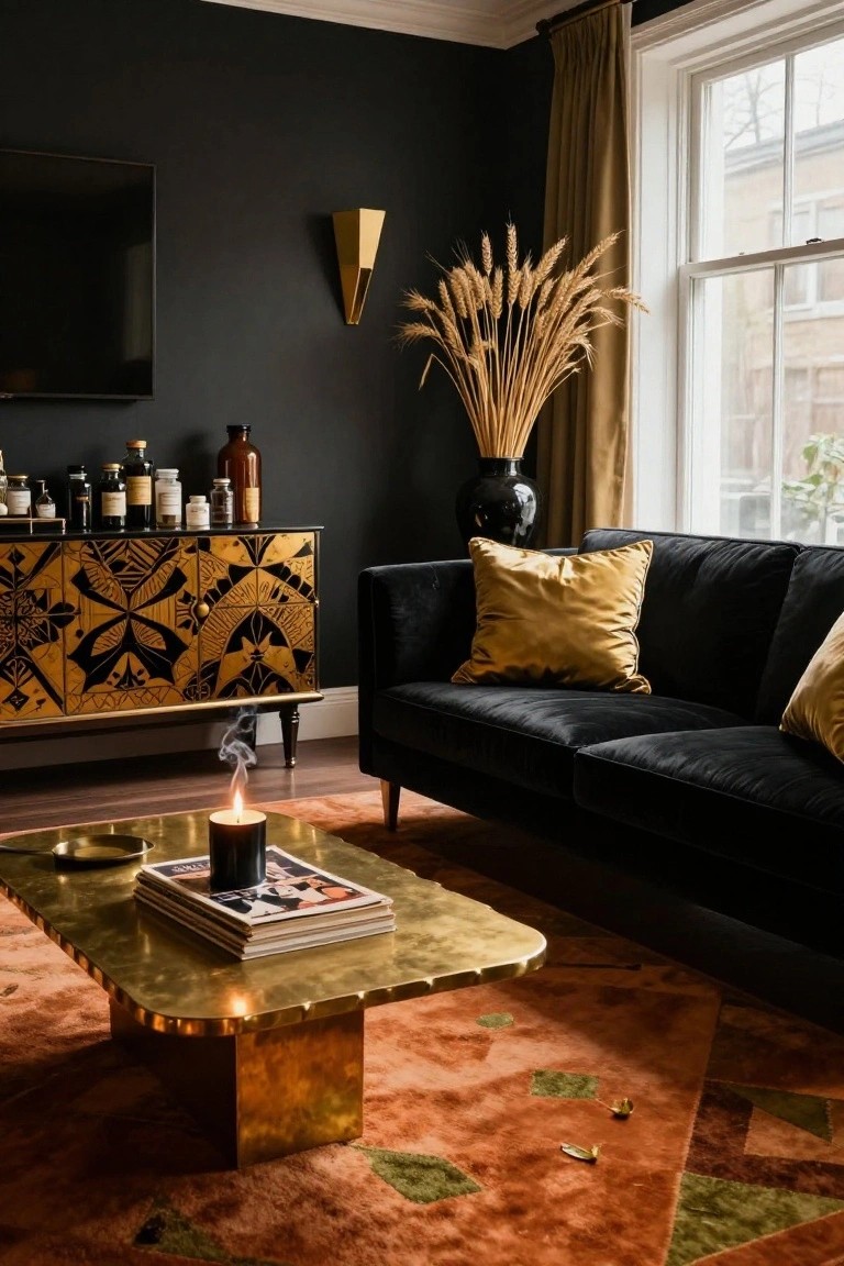 Dark-walled living room featuring a black velvet sofa, brass coffee table with lit candle and magazines, gold credenza displaying assorted glass bottles, tall pampas grass in black vase, and gold wall sconce near window with mustard drapes.
