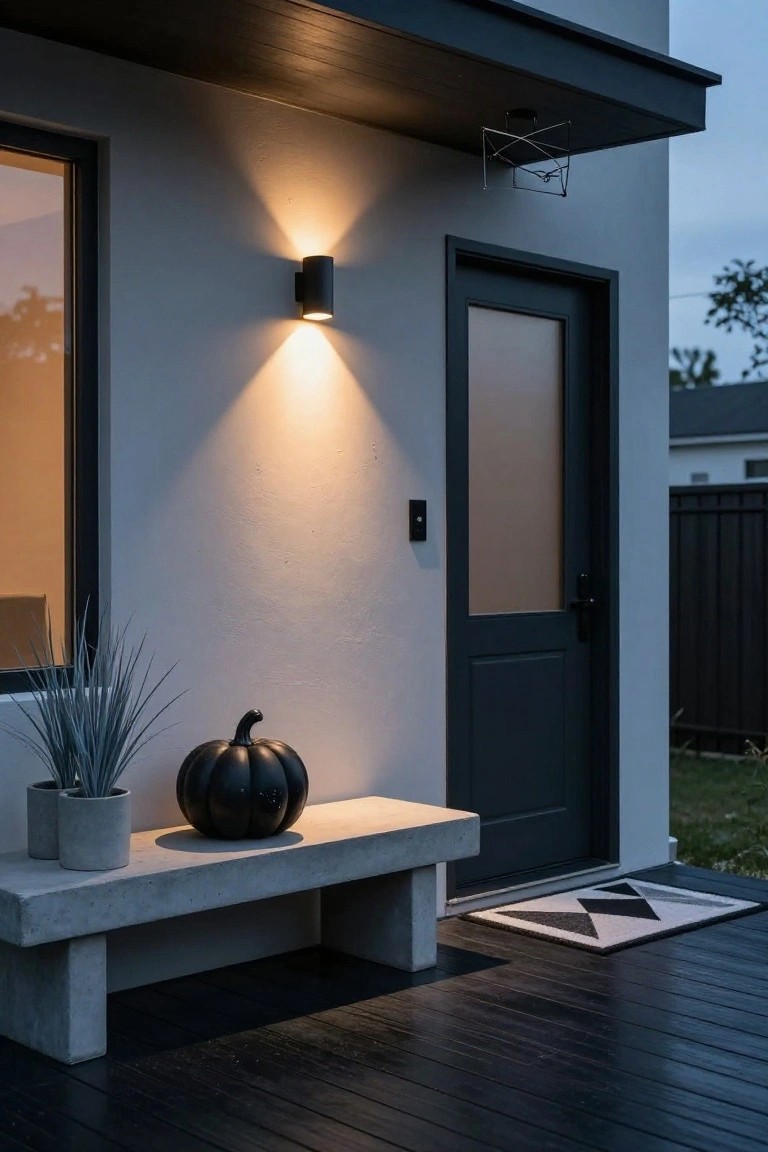 Modern house front porch at dusk with black door, wall-mounted cylindrical lights, concrete bench displaying large black pumpkin and two potted blue-green plants, geometric black-and-white doormat on dark deck.