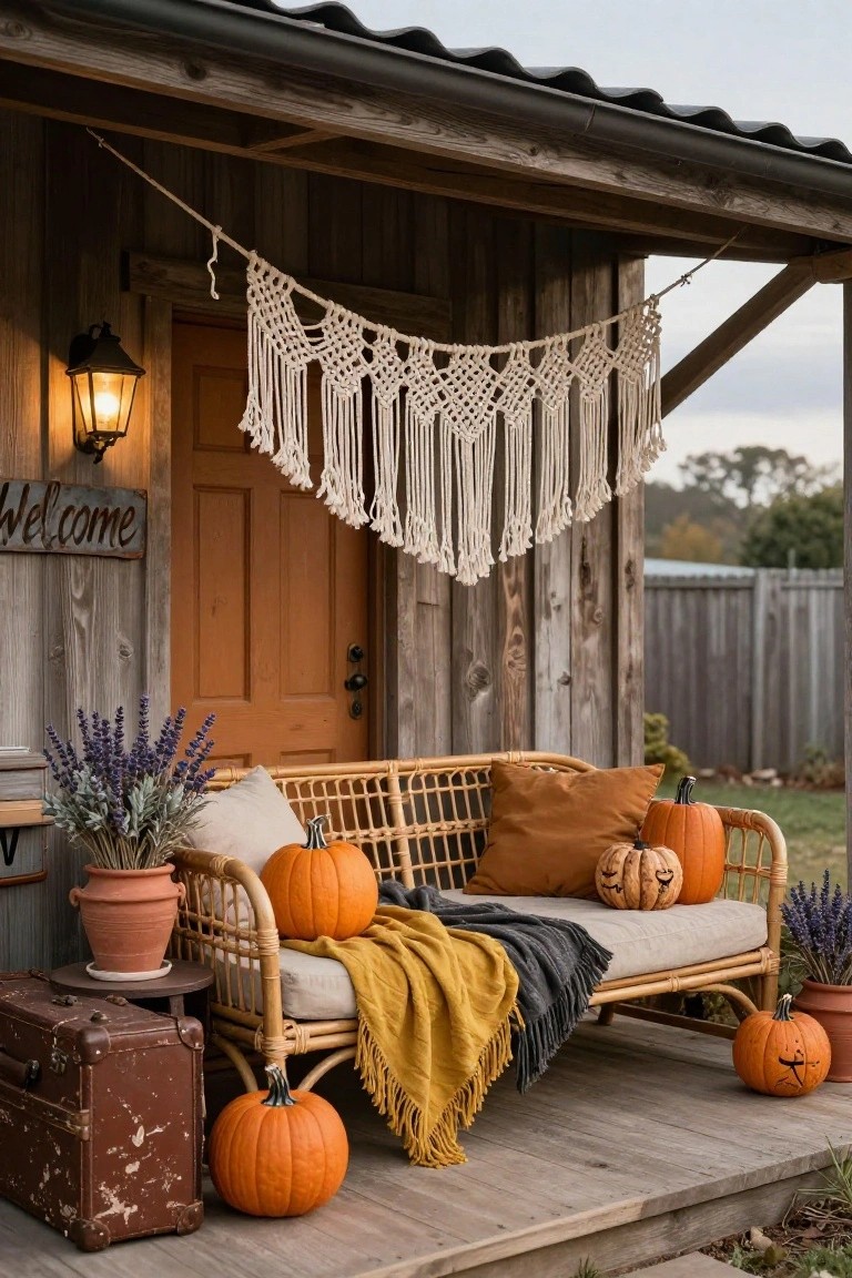 Rustic wooden porch with orange door under white macrame hanging, rattan bench with beige and rust pillows plus yellow and gray throws, surrounded by pumpkins, potted lavender plants, and vintage suitcase.