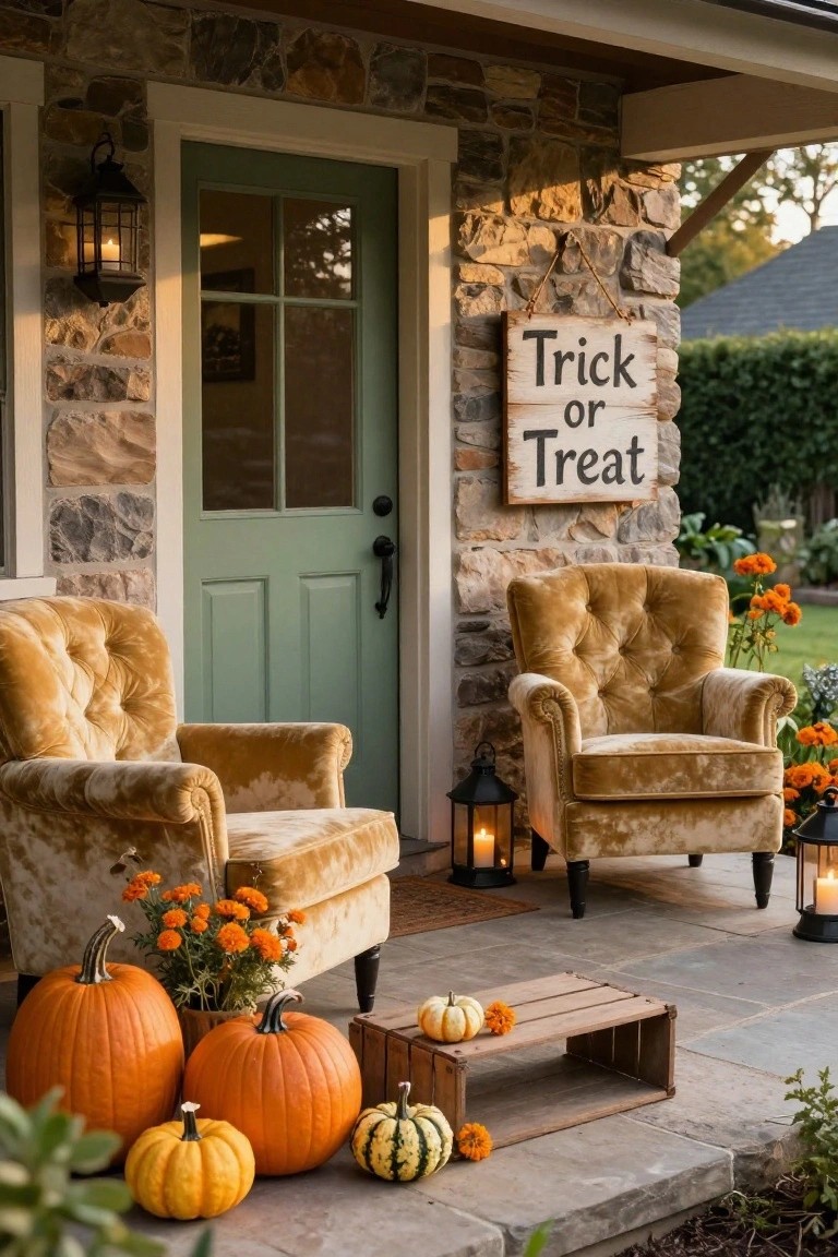 Stone front porch with green door, mustard velvet armchairs, assorted pumpkins, lanterns, potted flowers, and Trick or Treat sign.