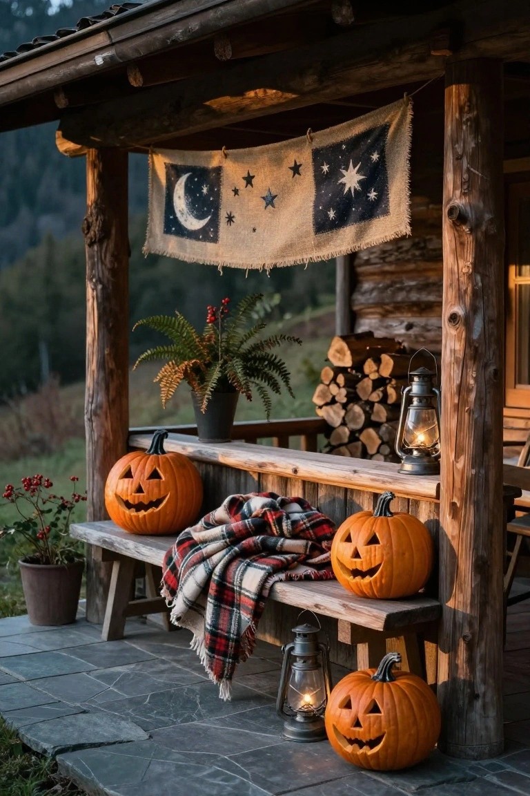 Wooden porch bench draped with a plaid blanket and flanked by carved jack-o'-lanterns, with lanterns, potted plants, firewood stack, and a burlap banner featuring moon and stars hanging nearby in a wooded mountain setting.
