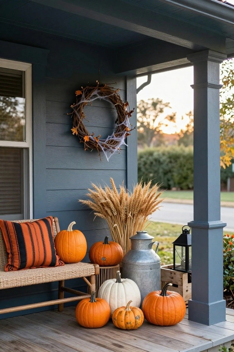 Dark blue house porch with wicker bench holding orange and black pillows, surrounded by orange and white pumpkins, wheat sheaves in a metal milk can, wooden crate, lantern, and grapevine wreath with spider webs on the wall.