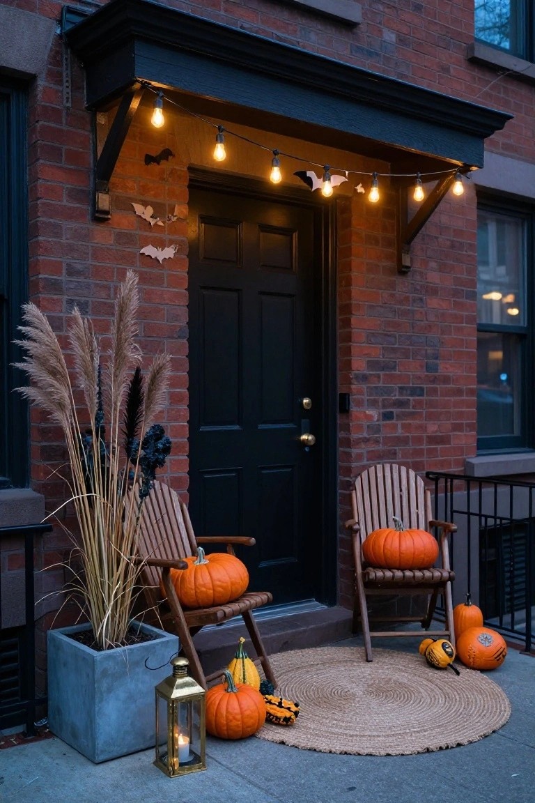 Halloween porch with pumpkins, string lights, and wooden chairs.