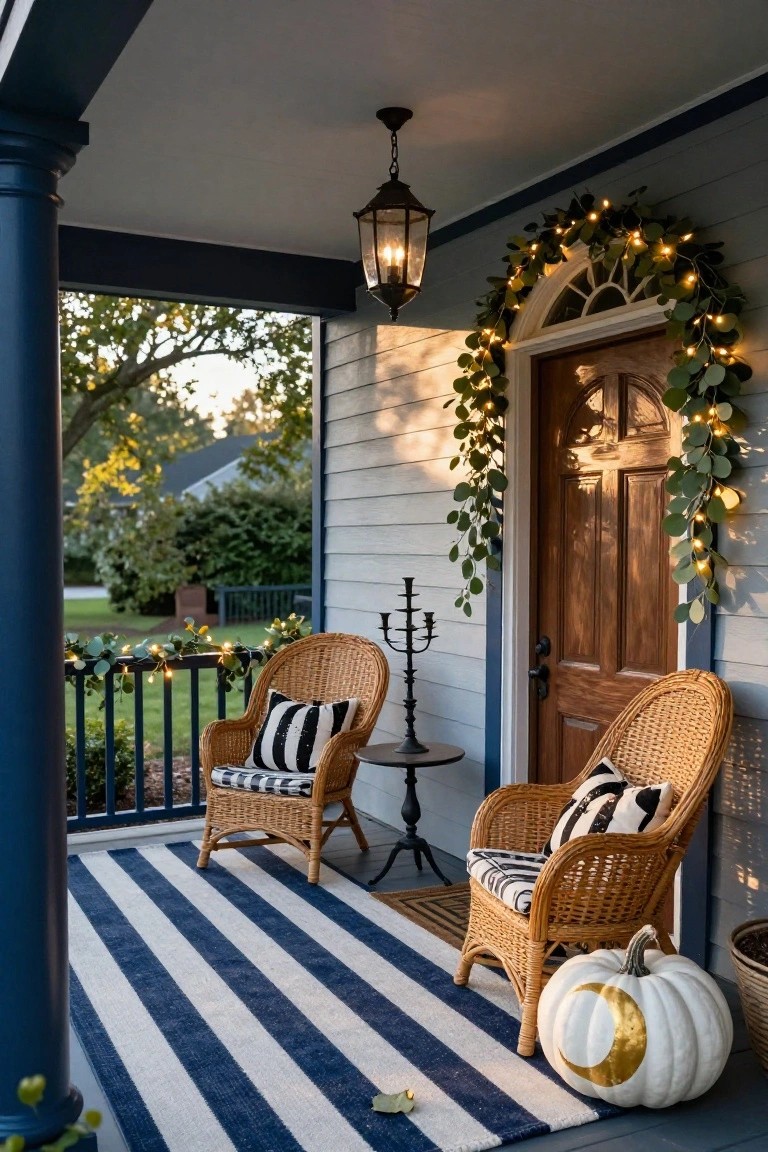 A covered front porch on a gray house with navy trim, featuring two wicker armchairs with black-and-white striped cushions on a navy-and-white striped outdoor rug, eucalyptus garlands with fairy lights framing the dark wood arched door and draping along the railing, a white pumpkin with gold crescent moon decoration, a black metal candelabra side table, and a hanging lantern light.