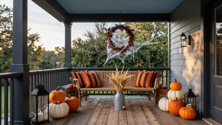 Dark blue house porch with wicker bench holding orange and black pillows, surrounded by orange and white pumpkins, wheat sheaves in a metal milk can, wooden crate, lantern, and grapevine wreath with spider webs on the wall.