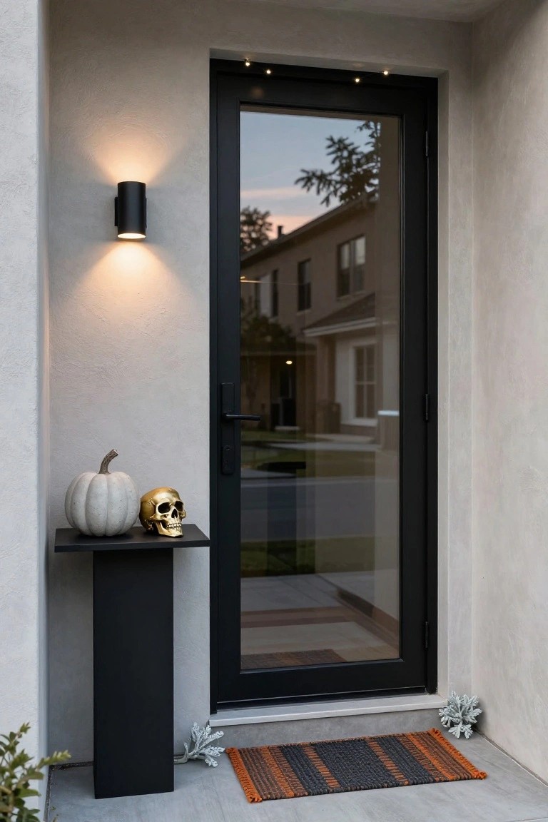 Modern black front door with glass panel on a light stucco porch, flanked by black wall lights, a black pedestal with white pumpkin and gold skull, woven orange doormat, and small plants.