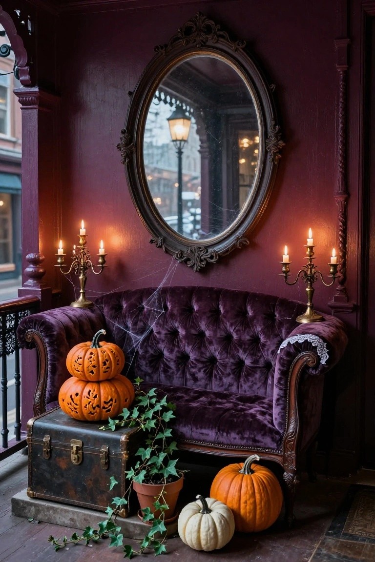 Purple velvet sofa on a porch with stacked carved pumpkins on it, ivy plants, white and orange pumpkins on the floor, brass candelabras with lit candles, ornate mirror reflecting outdoor lamps, and Victorian-style architectural details.