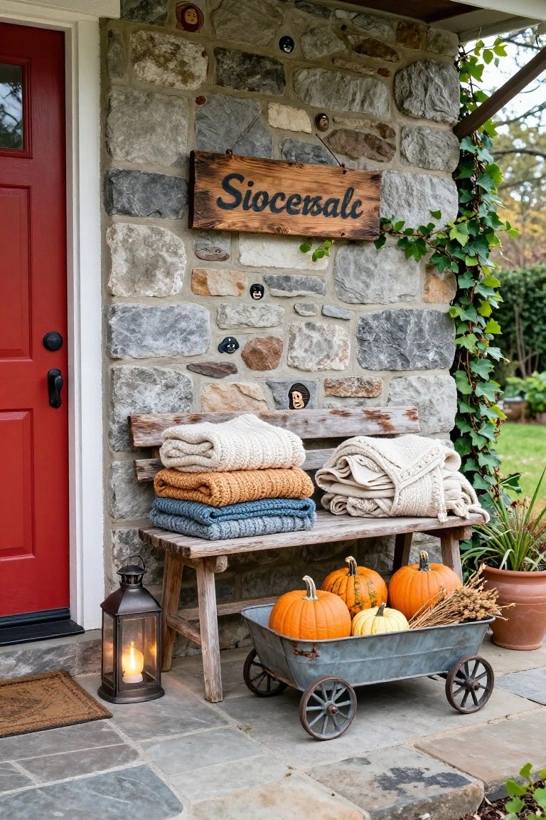 Stone-walled house porch with red front door, wooden sign reading Siocensale, weathered bench stacked with colorful knit blankets, metal wheelbarrow filled with pumpkins, lit lantern, doormat, and potted plants on slate tiles.