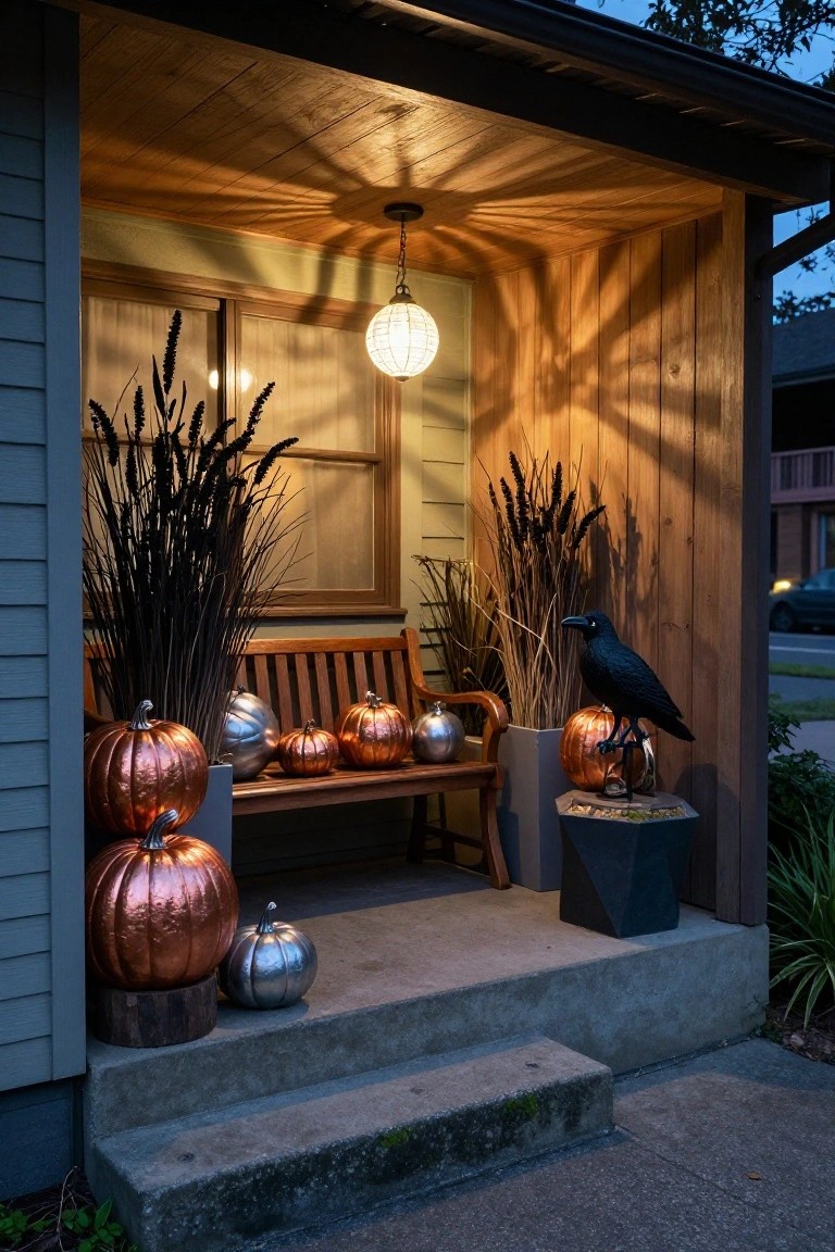 Wooden covered porch at dusk with a bench holding copper and silver metallic pumpkins, flanked by tall black grasses and a black crow statue on a stone pedestal, lit by a hanging globular lantern.