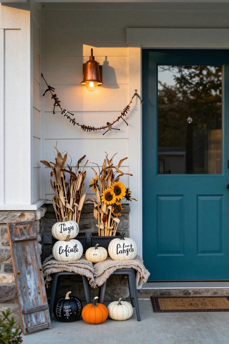 Front porch with turquoise door, cornstalks and sunflowers on the right side, two stools on steps holding white pumpkins with Irish words, a black pumpkin, orange and white pumpkins, rustic wood sign leaning nearby, garland above door, and woven doormat.