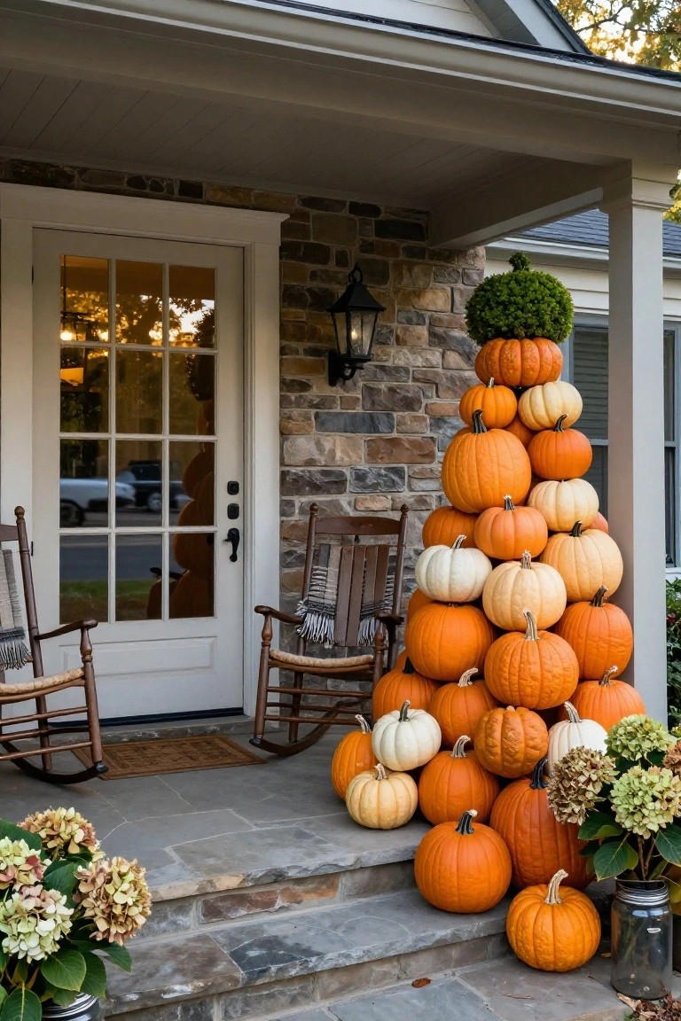 Porch with white front door, stone exterior, two plaid-blanket-covered rocking chairs, tall pyramid stack of orange and white pumpkins, lantern light, boxwood topiary, and hydrangeas in jars on steps.