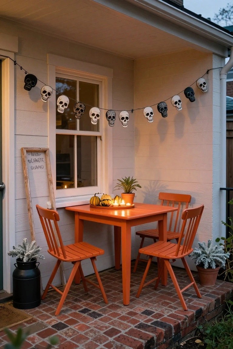 Orange patio table and chairs with skull lights and pumpkins on brick porch.