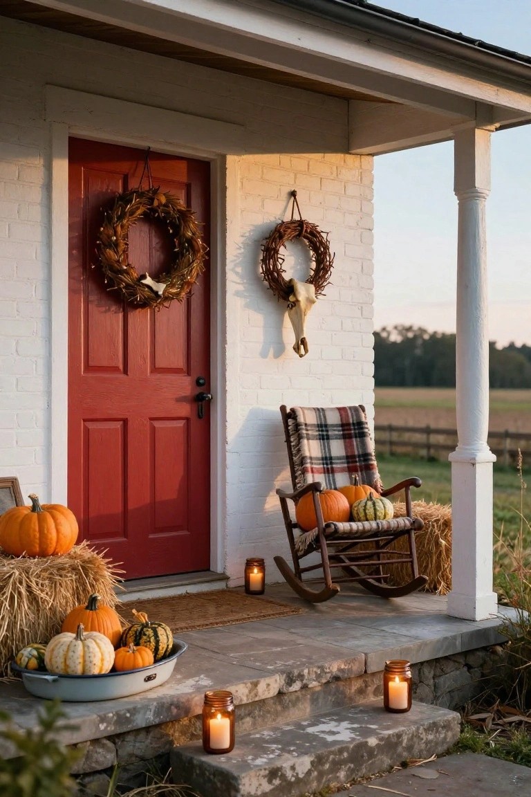 White brick house porch with red door, Halloween wreath and skull decoration on wall, plaid-covered rocking chair holding pumpkins next to hay bales, assorted pumpkins and lanterns on steps.