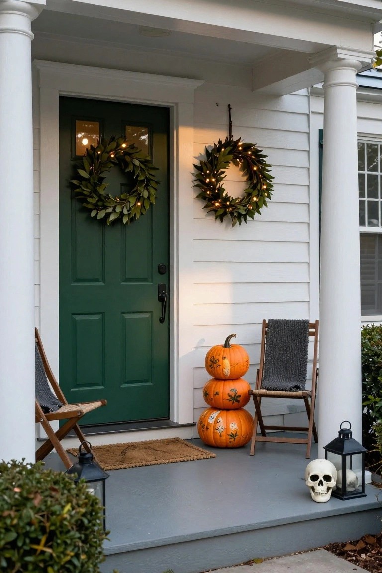 White clapboard house porch with dark green door, two lit green leaf wreaths, stacked orange pumpkins with white painted designs, two folding chairs draped with gray blankets, black lantern holding a white skull, and boxwood shrubs.