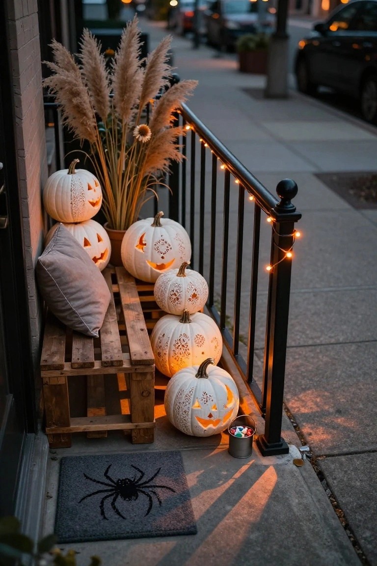 A front porch at dusk decorated with several white carved pumpkins, pampas grass in a pot, a wooden pallet bench with a gray pillow, black metal railing with string lights, a small metal bucket of candy, and a black spider doormat.