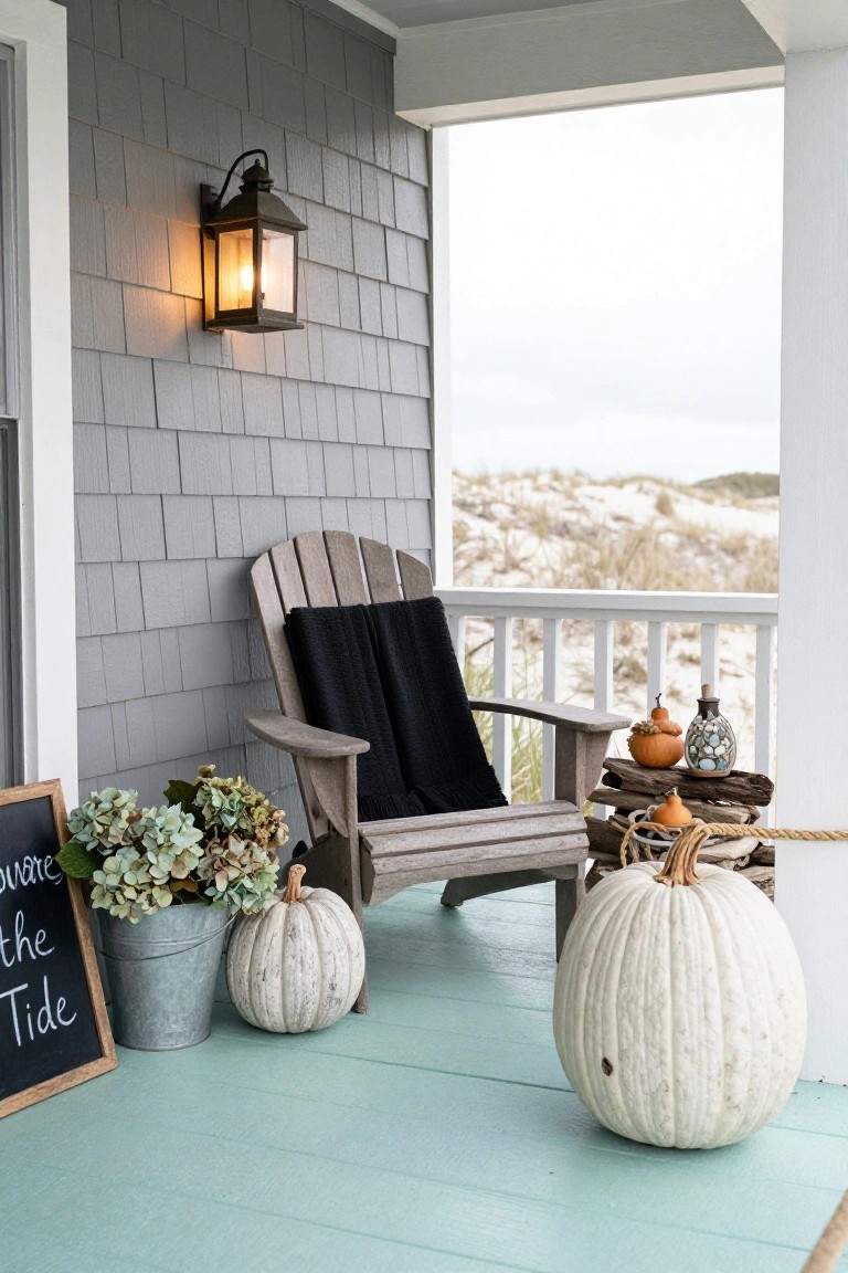 Gray shingled porch with turquoise painted floor, Adirondack chair draped in black blanket, white pumpkins, hydrangeas in metal bucket, wooden decor stack, lit wall lantern, and distant beach dunes view.