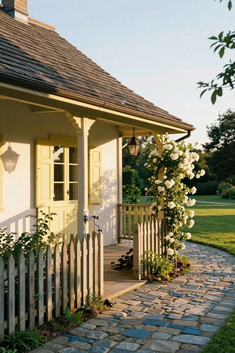 White cottage exterior with shingled roof, covered porch, yellow shutters and door, low white picket fence gate, climbing white roses on porch posts, stone path, and garden backdrop at dusk.