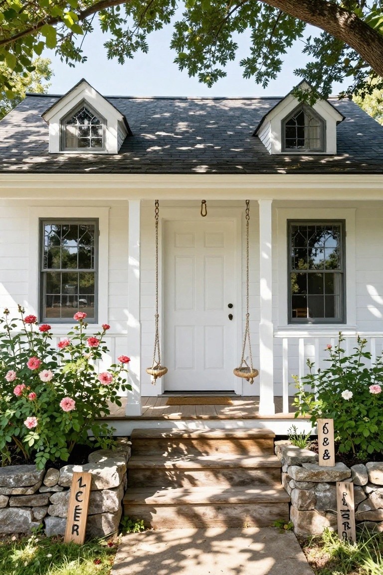 White clapboard cottage with gabled dormer windows, covered front porch supported by columns, hanging planters from chains, rose bushes flanking stone steps, and wooden address signs.