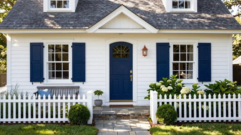 White clapboard house with navy blue front door and shutters, white picket fence, hydrangea plants, boxwoods, and stone path to the arched entry porch.