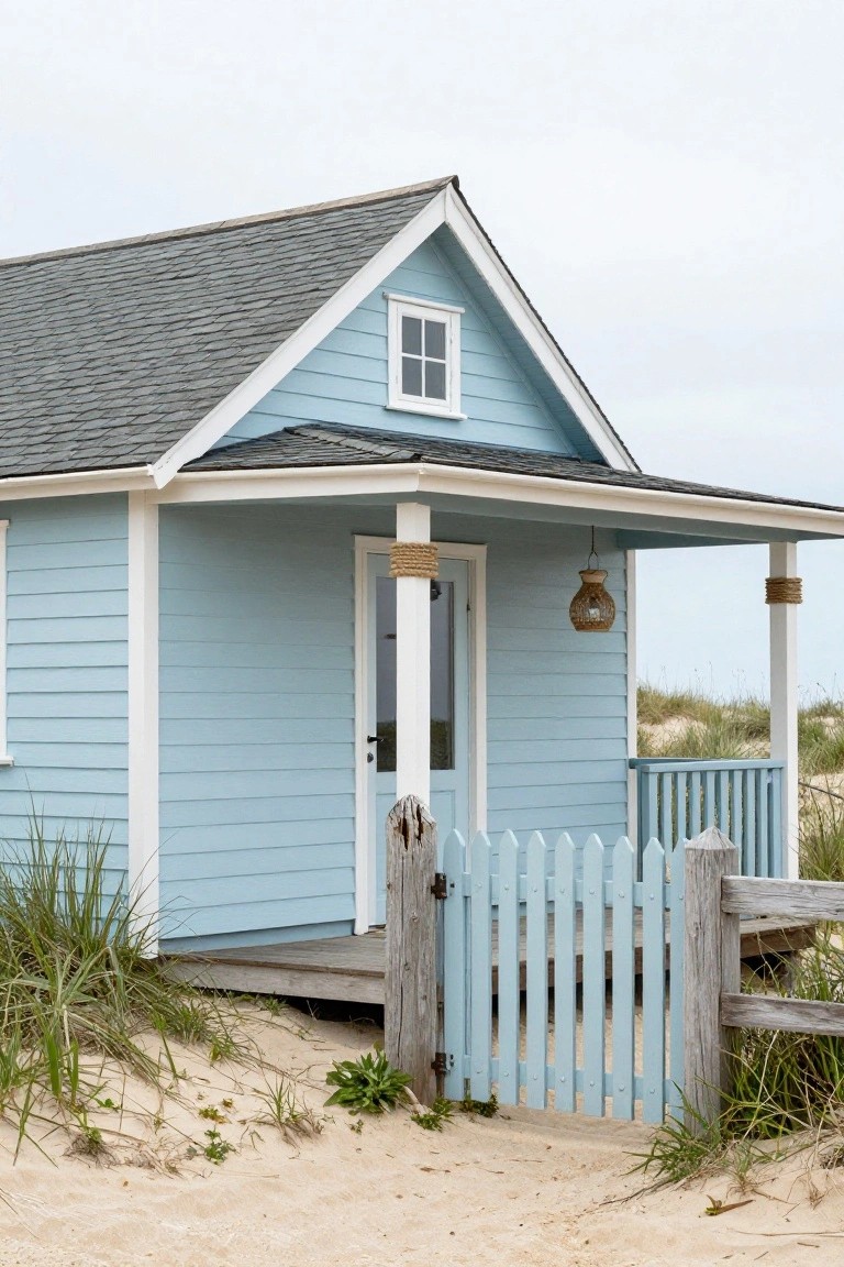 Light blue clapboard beach cottage with gray shingle roof, covered porch supported by white posts wrapped in rope, white door, small window, blue picket gate, and sand dunes with beach grass.