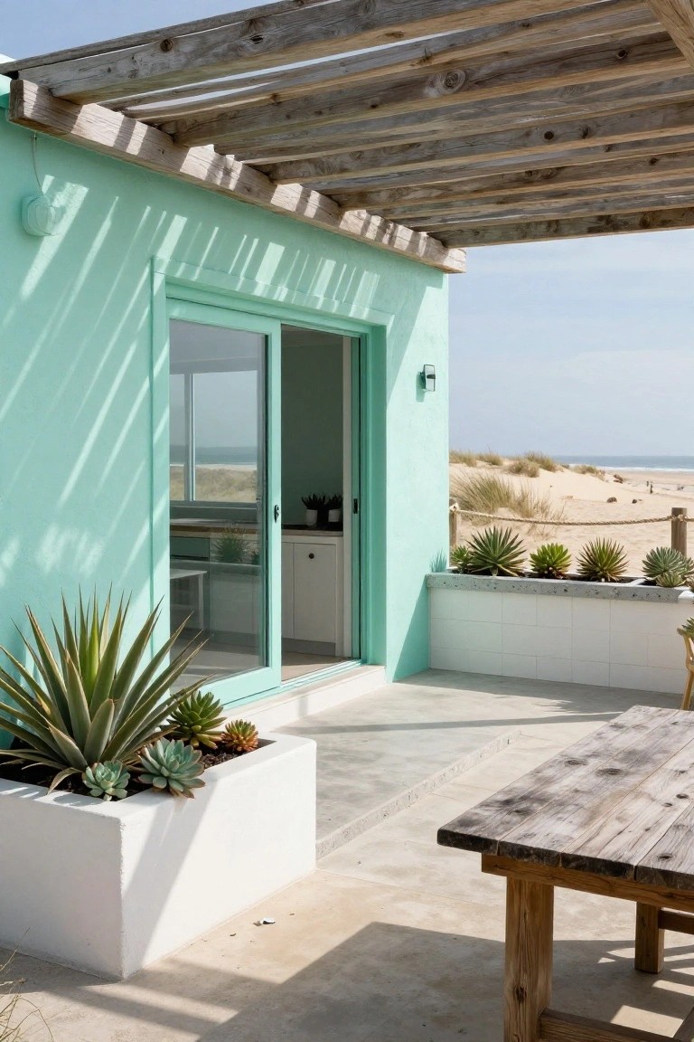 Mint green painted exterior wall of a beach cottage with open sliding glass doors revealing a kitchen inside, wooden pergola overhead, succulent plants in white and concrete planters along the base, rustic wooden table on concrete terrace, sand dunes and ocean in the background.