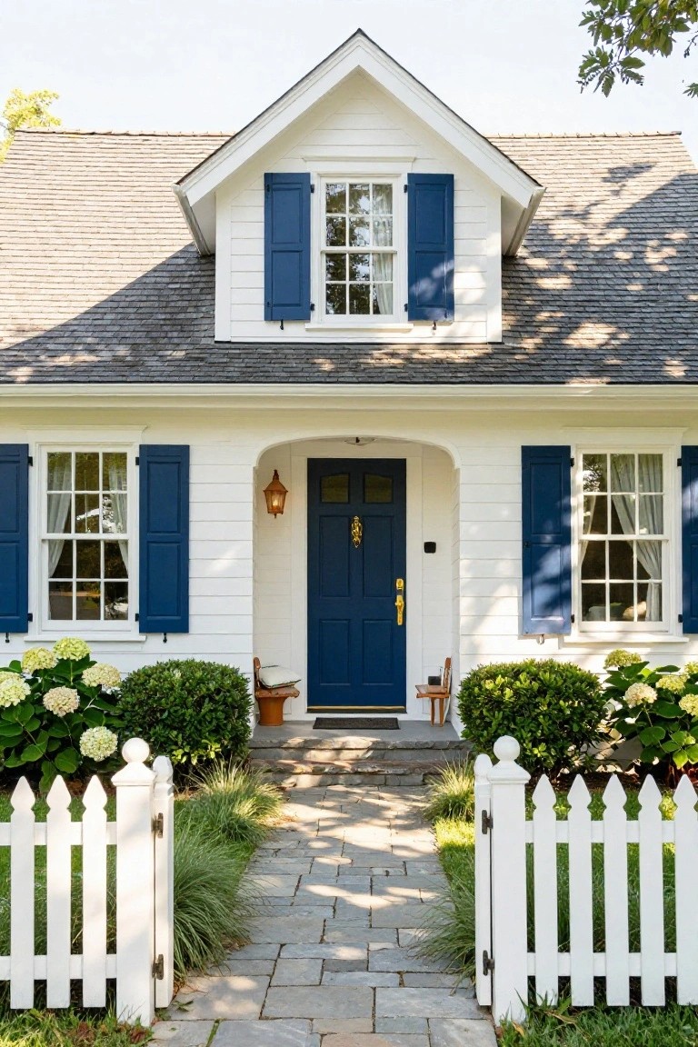 White clapboard house with navy blue front door and shutters, white picket fence, hydrangea plants, boxwoods, and stone path to the arched entry porch.