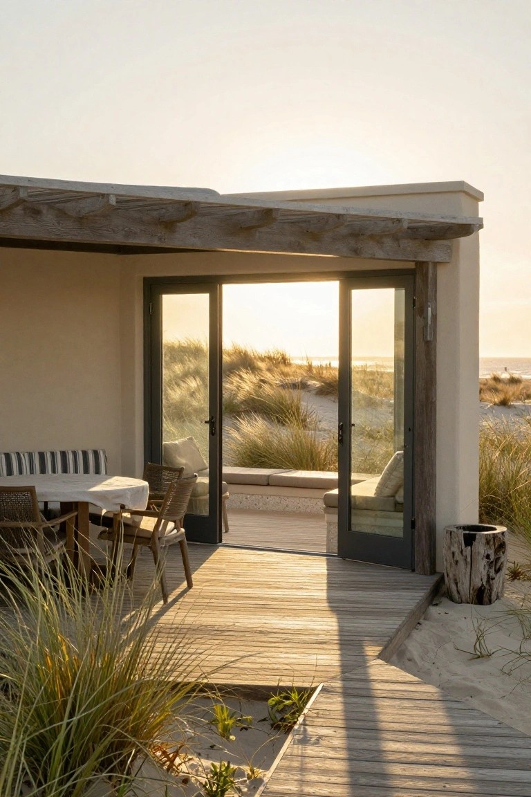 Modern beach house pavilion with open sliding glass doors revealing interior furniture, leading to a wooden deck amid sand dunes, sea grass, and ocean view at sunset.