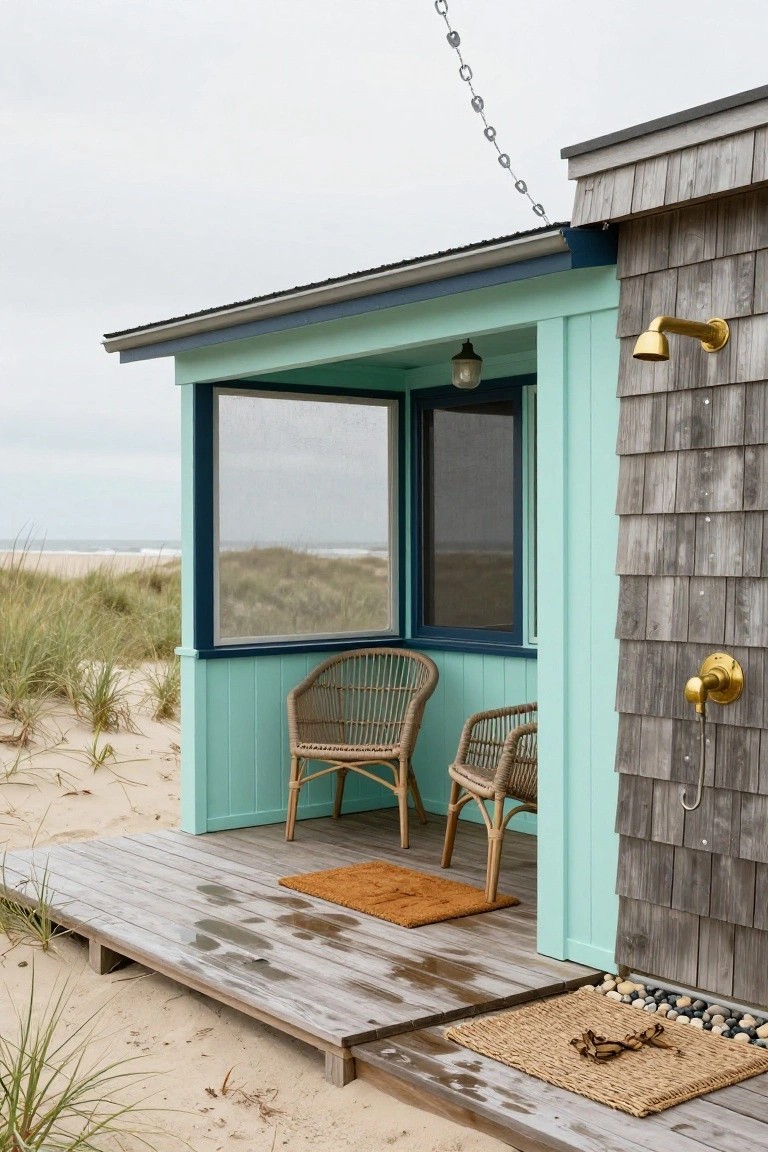 Mint green screened porch with rattan chairs on weathered wooden deck by beach dunes, gold outdoor shower on adjacent shingled wall.
