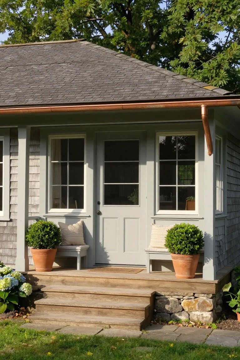 Gray shingled cottage with a front porch entry featuring built-in wooden benches flanked by potted boxwood shrubs in terra cotta pots, a central paneled door, side windows, copper gutters, wooden steps, hydrangeas, and a stone foundation.