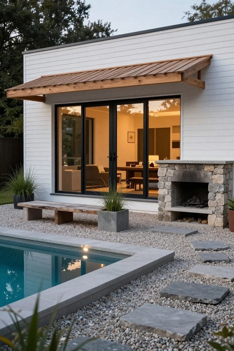 White modern house exterior with wooden awning over glass doors, outdoor stone fireplace, wooden bench, potted plants, gravel ground, stepping stones, and turquoise pool edge at dusk.