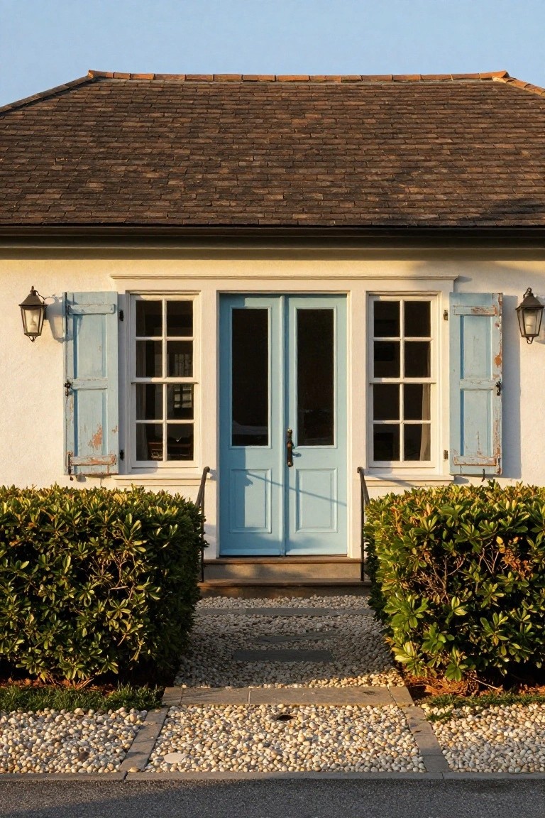 Front facade of a white stucco cottage with brown tile roof, turquoise blue double door, flanked by multipane windows with blue shutters, lantern lights, boxwood hedges, and gravel path to entry.