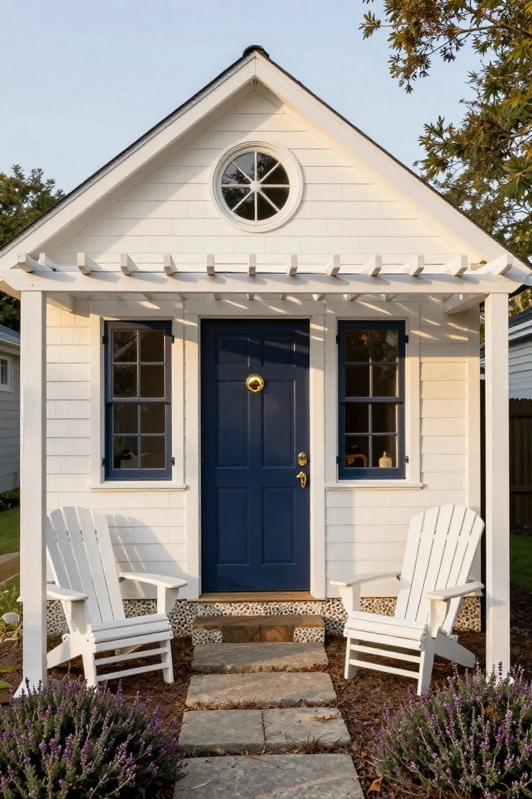 Small white clapboard cottage with gabled roof, round window, navy blue double front door, navy-framed windows, pergola porch, two white Adirondack chairs, stone steps, and lavender plants in front.
