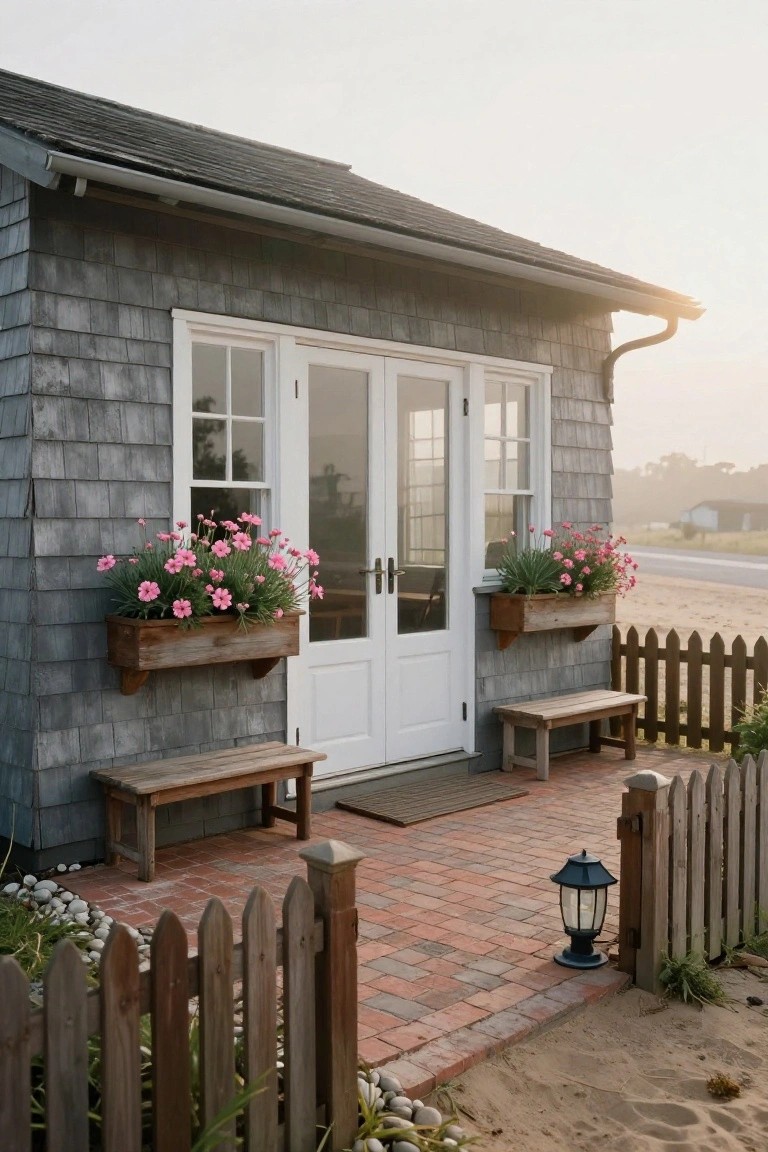 Gray shingled beach cottage exterior featuring white double doors, wooden window boxes with pink flowers, wooden benches, picket fence, brick path, lantern light, and adjacent sand dunes.