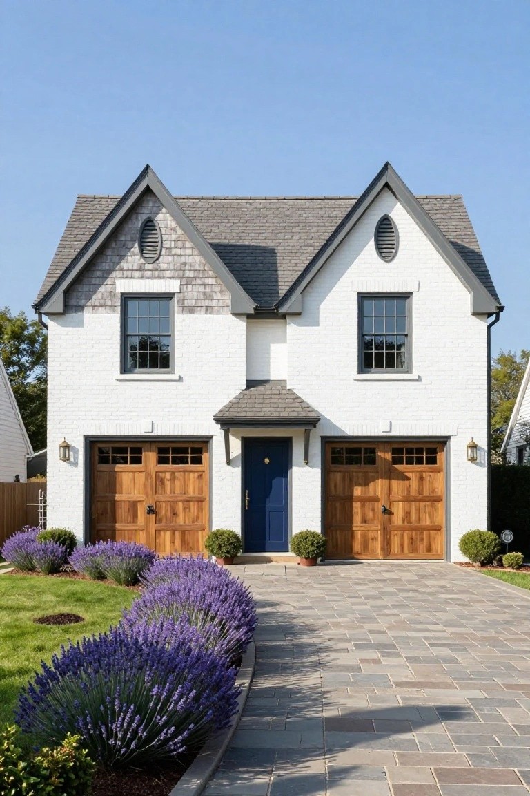 White brick house exterior with dark gray shingled gable roofs, black-framed windows, wooden garage doors, blue front door, lantern lights, and rows of lavender plants along a stone-paved driveway.