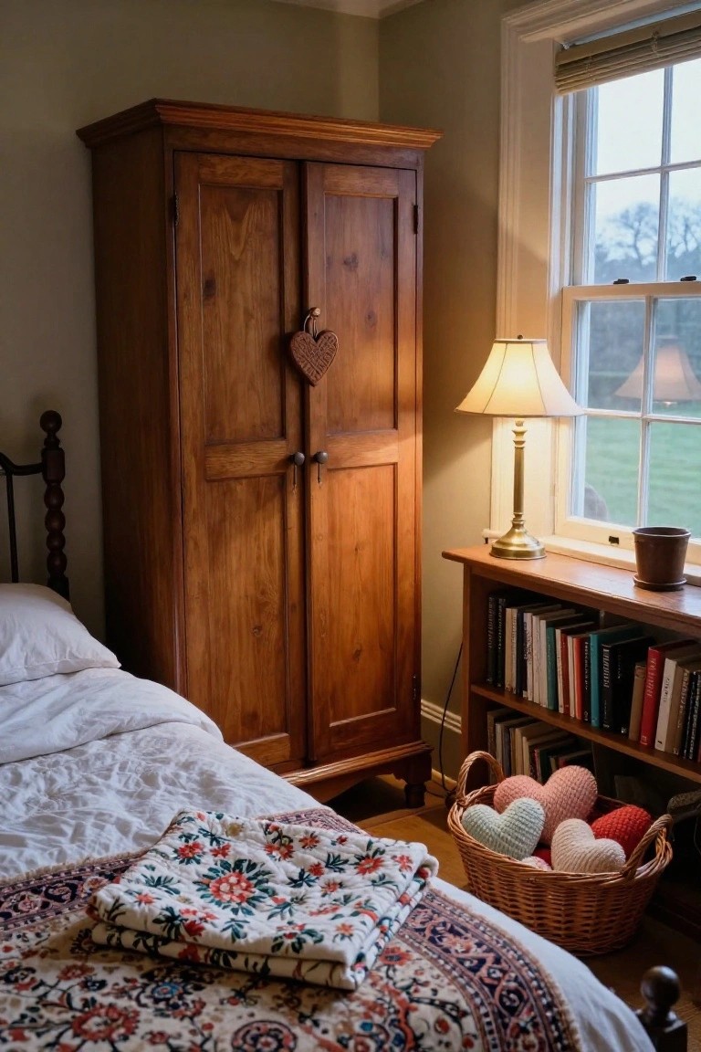 Bedroom corner with tall wooden wardrobe, brass lamp on windowsill shelf with books, white bed with quilts and throw, and wicker basket of colorful knitted heart plush toys on wooden floor.