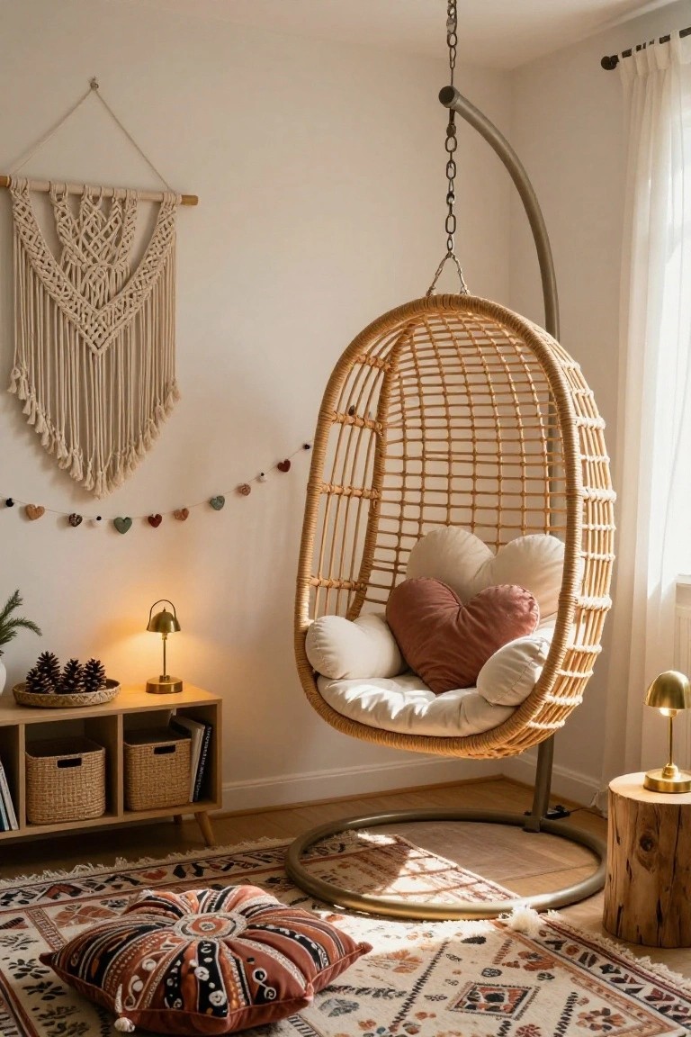 Beige indoor room corner with hanging rattan egg chair holding white cushions and pink heart pillow, macrame wall hanging, string of heart beads and pom poms, gold desk lamps, pinecones in basket, woven storage bins, wood stool, and large patterned floor cushion on rug.
