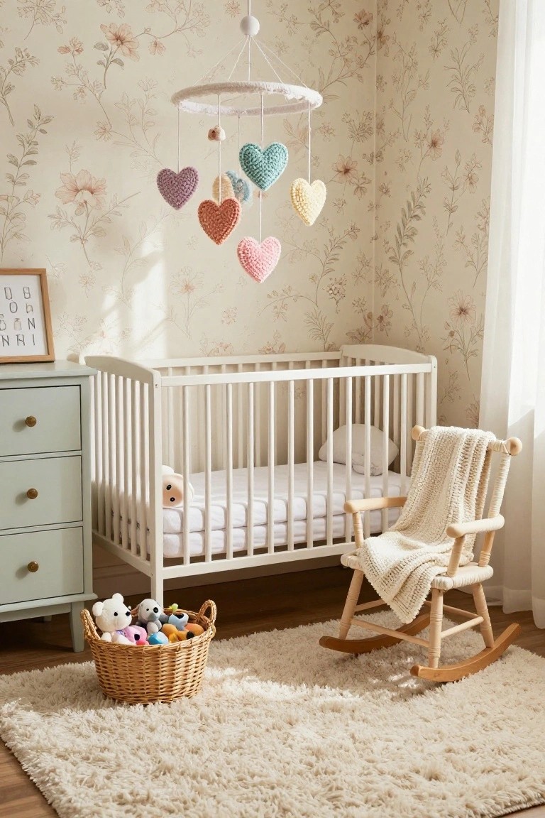 Nursery with white crib under a mobile of colorful crochet hearts, mint green dresser, rocking chair with cream blanket, basket of stuffed toys, and floral wallpaper on beige walls.