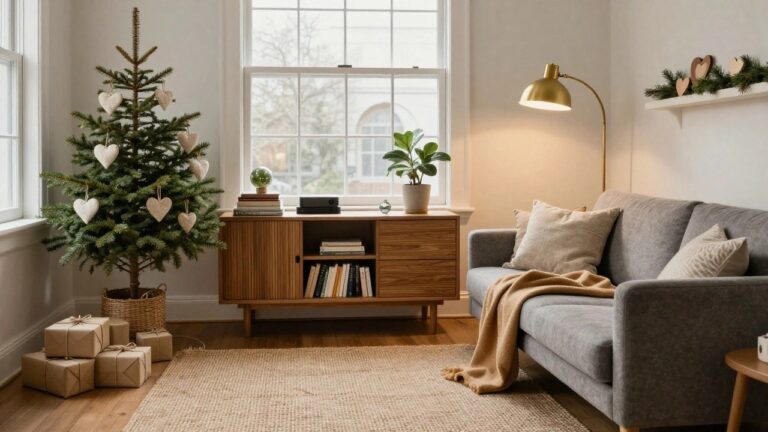 Living room corner featuring a Christmas tree decorated with white heart-shaped ornaments, gray sofa with beige throw, gold arc lamp, stacked books and gifts, and white marble fireplace with greenery garland.