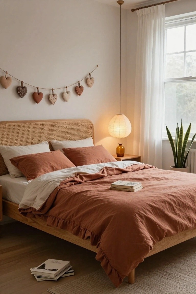 Bedroom with rattan headboard bed draped in terracotta linens, garland of assorted clay heart ornaments hanging on white wall, paper lantern lamp on wooden nightstand, potted snake plant near window with sheer curtains.